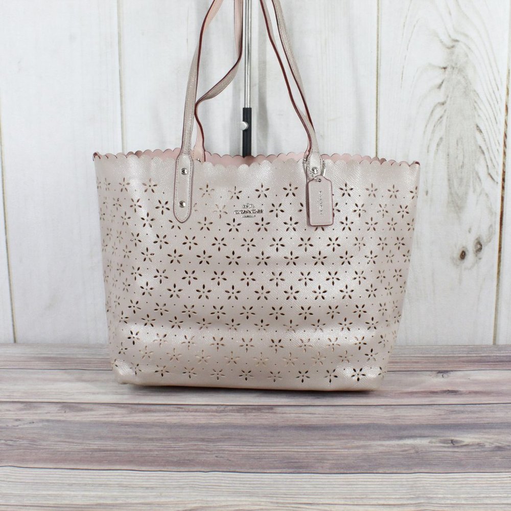 COACH Purple Floral Cutout Leather Tote Handbag - Picture 3 of 11